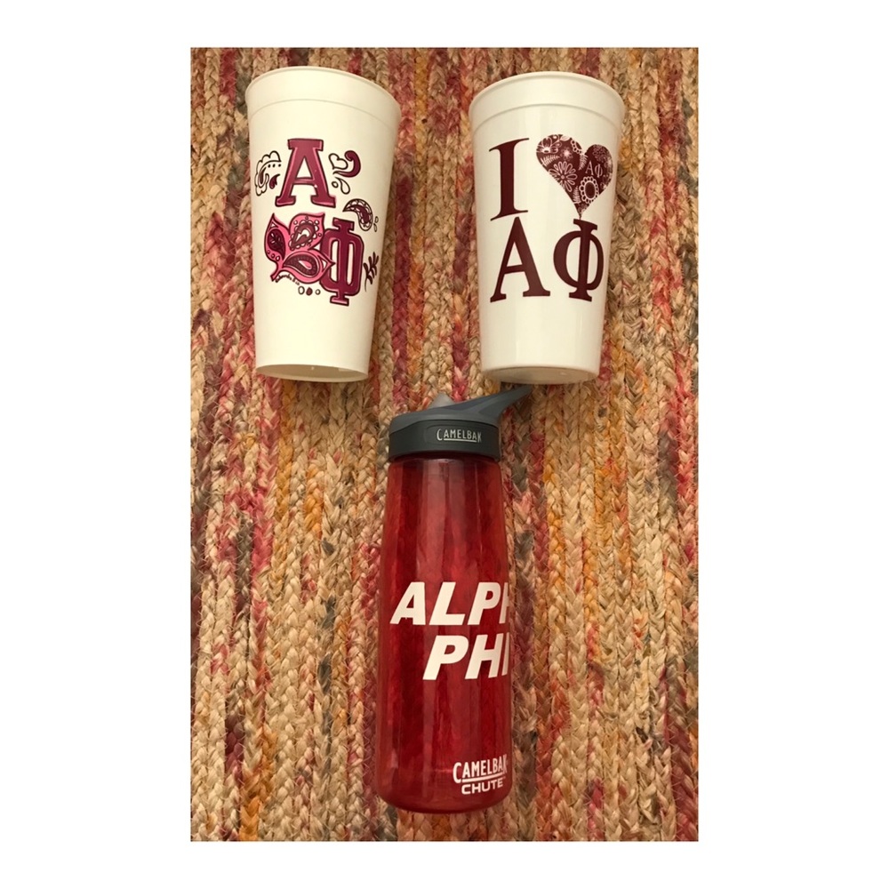 Alpha Phi cups and water bottle